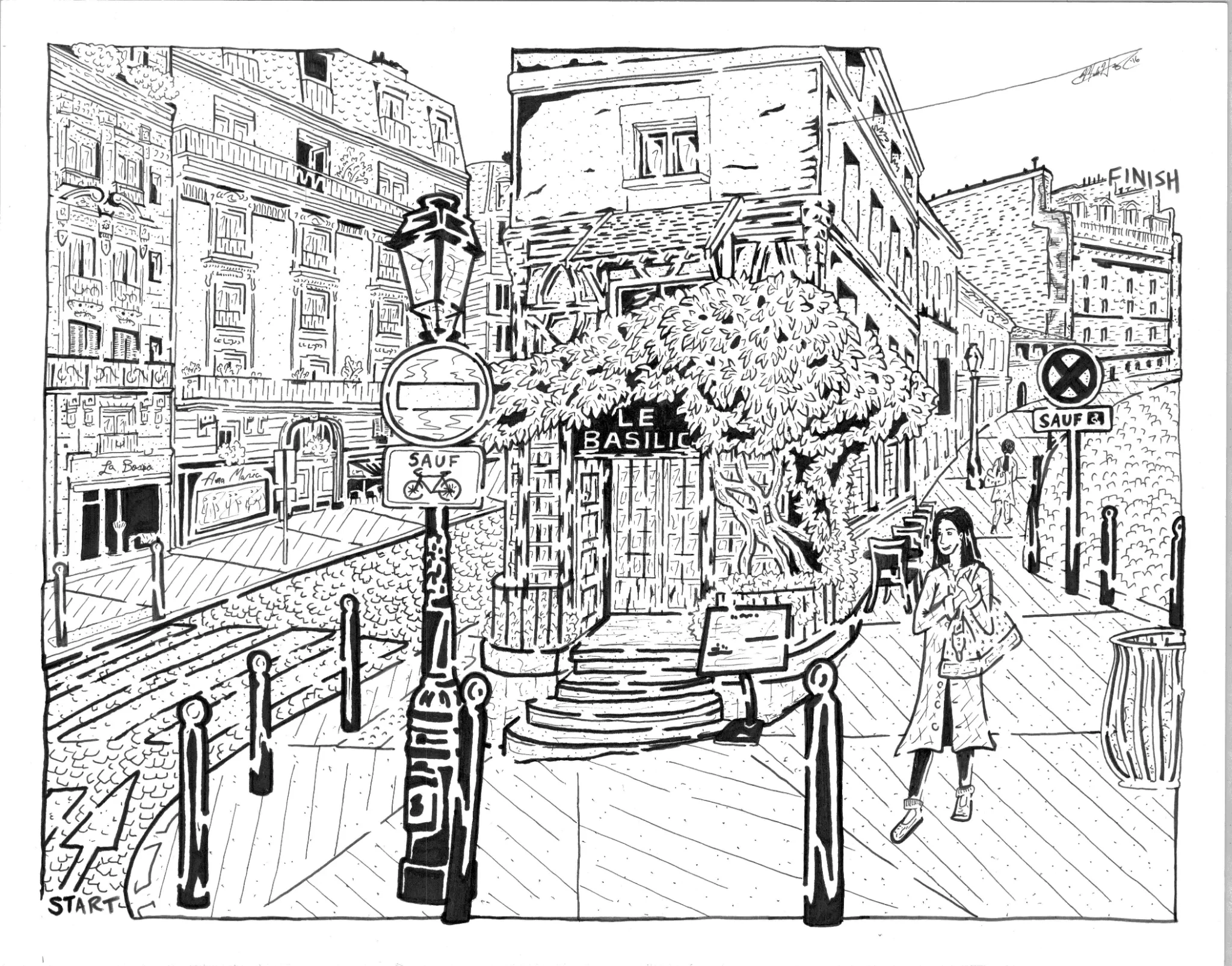 A solvable hand-drawn maze depicting Le Basilic restaurant in the Montmartre area of Paris, France.