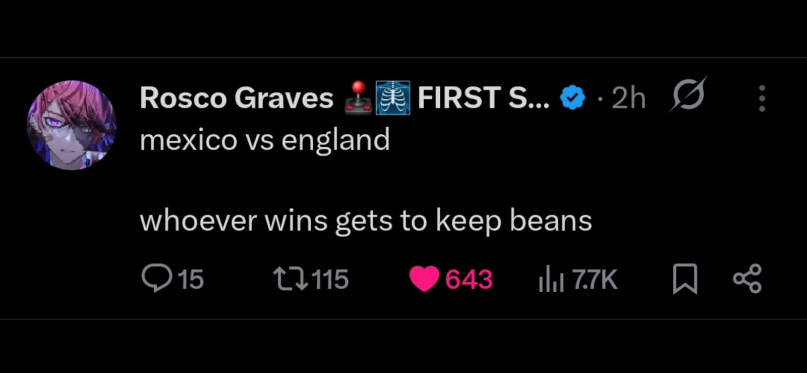 Rs-posted twitter post that suggests: &nbsp;“Mexico vs. England; whoever wins gets to keep beans”