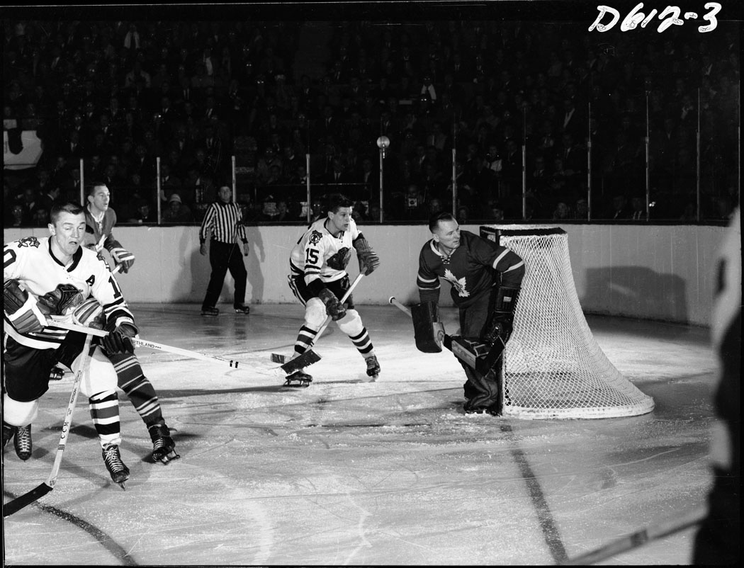 Chicago Black Hawks vs Toronto Maple Leafs at Maple Leaf Gardens, 1961. The legendary Johnny Bower, nicknamed 'The China Wall' in net.