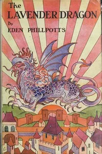 Book cover. Colorful dragon over-looking quaint town.