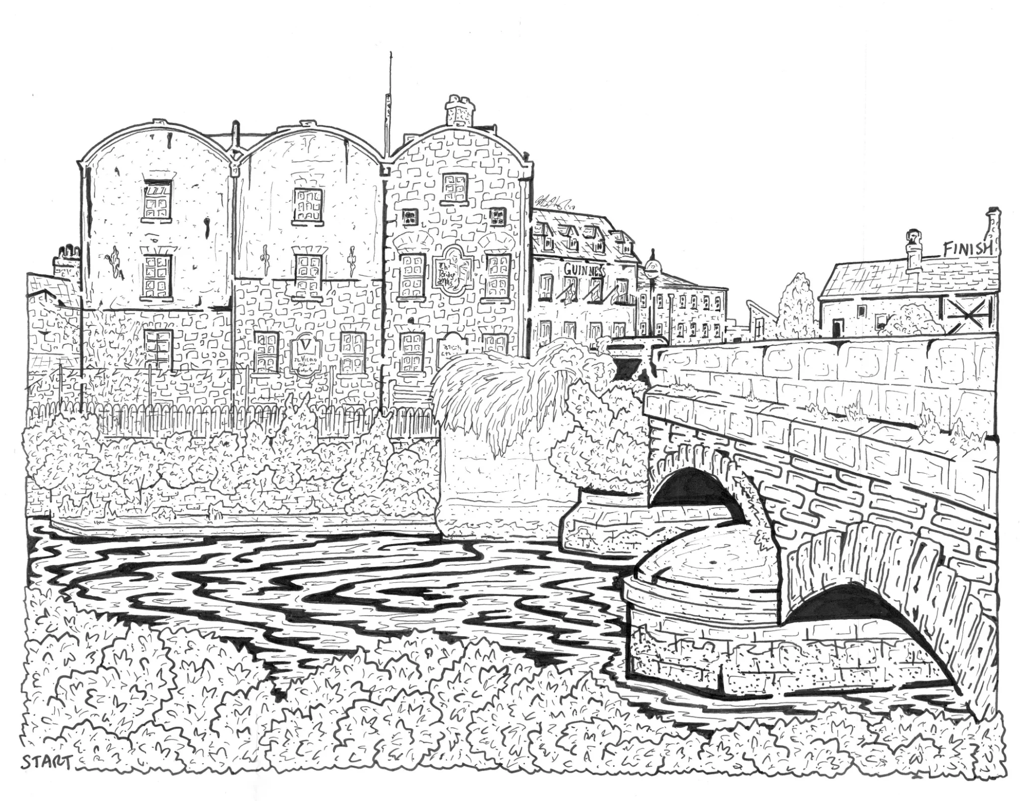 A solvable hand-drawn maze depicting the view alongside O'Briens Bridge in Galway, Ireland.