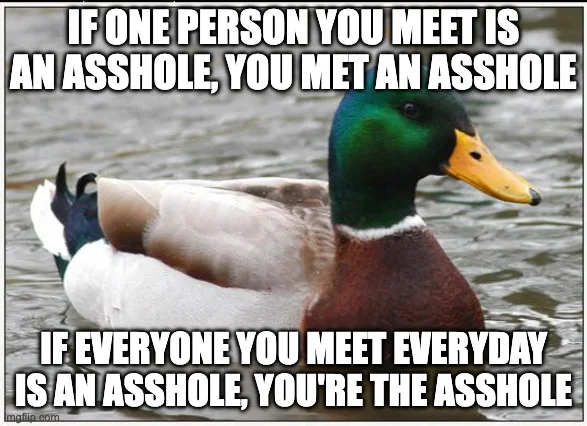 Meme saying "If one person you meet is an asshole, you met an asshole. If everyone you meet everyday is an asshole, you're the asshole"