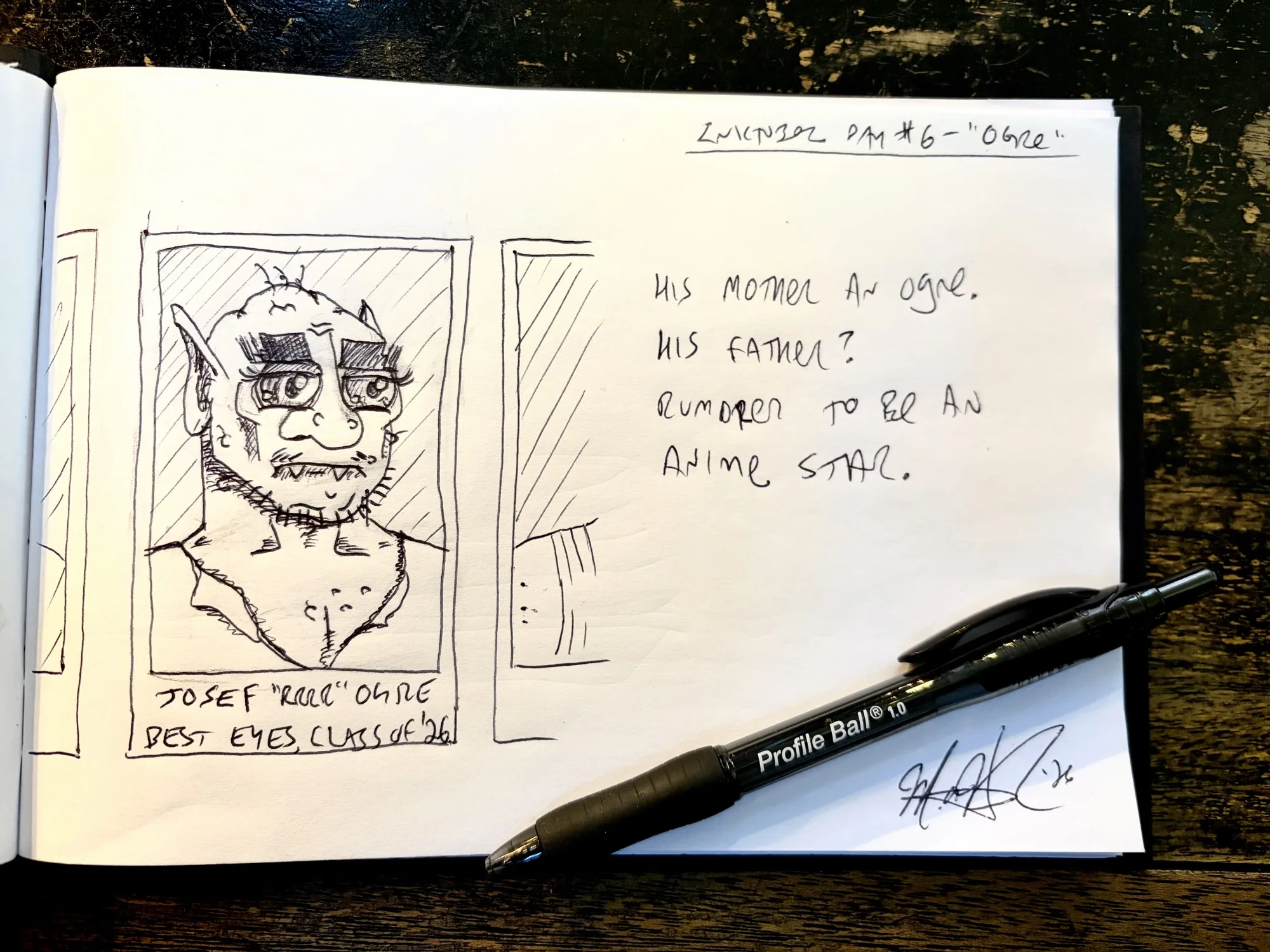 An ink sketch of an Ogre’s yearbook photo with the text “Josef ‘Rrrr’ Ogre, Best Eyes Class of ‘26” below it.