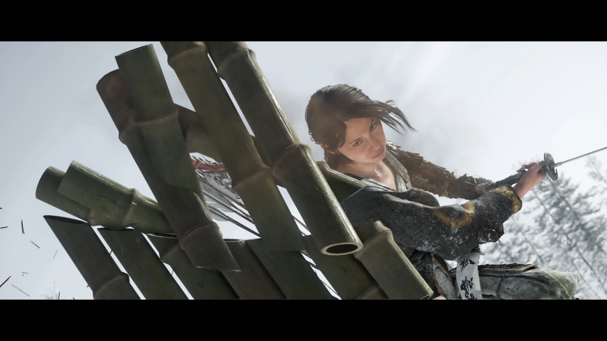 Atsu cutting through 7 pieces of bamboo at a bamboo strike in the game Ghost of Yotei.&nbsp;