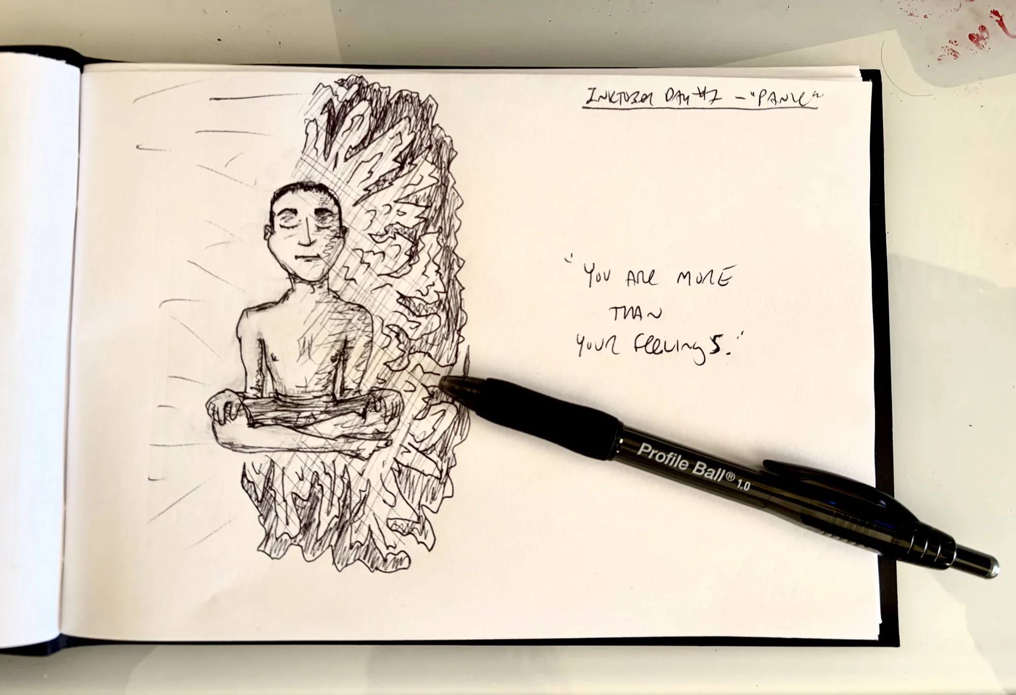 Any drawing of a person meditating, surrounded by both dark and light auras.