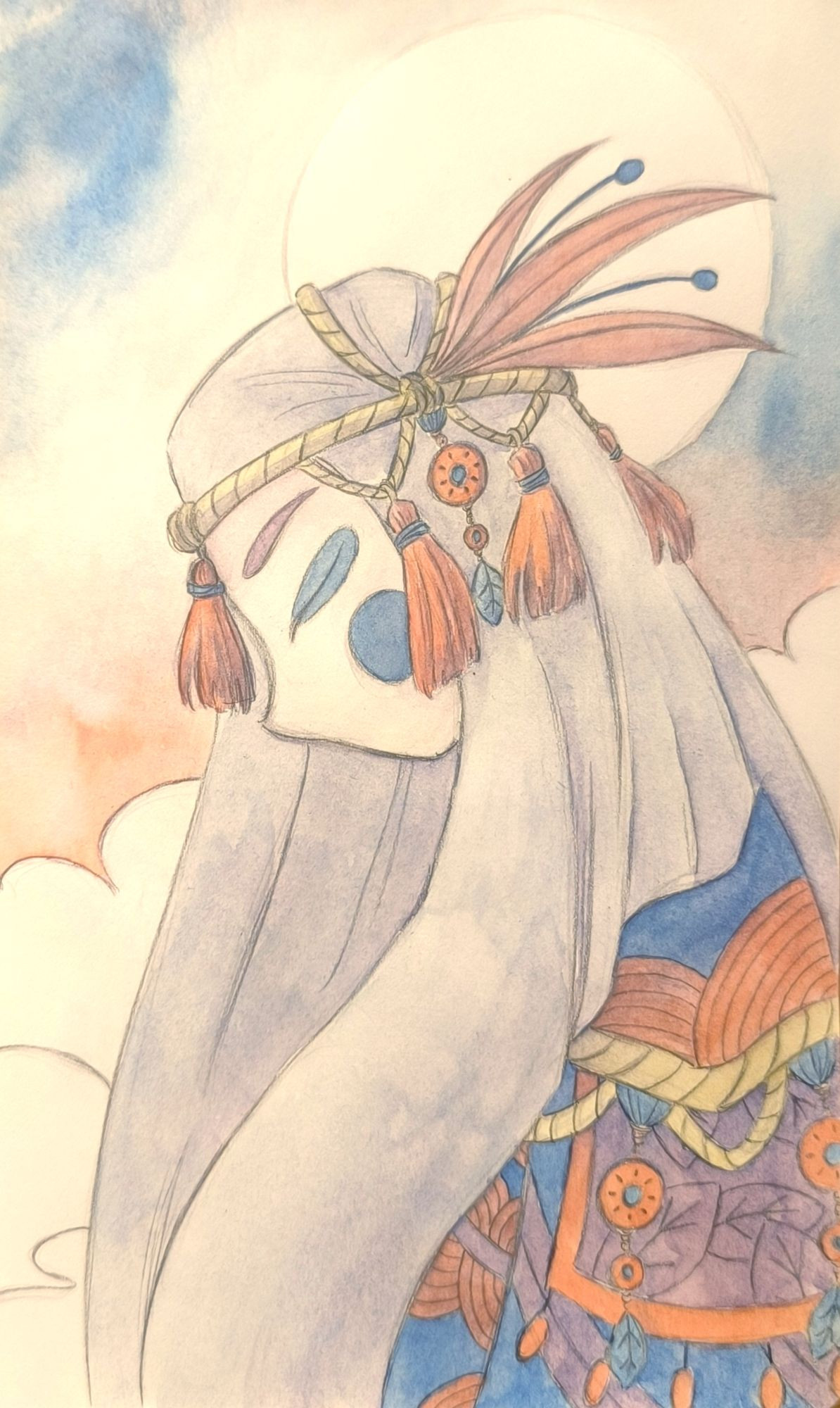 Girl with veil and feathers around her head, cloudy background, full moon in the sky