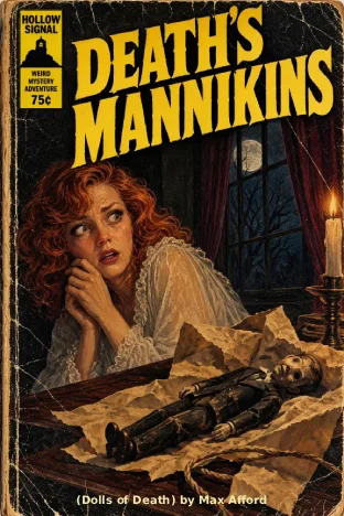 book cover feature woman cowering in fear as she looks at a creepy doll