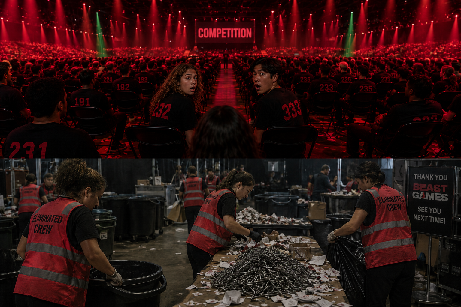 my friends and I got eliminated from the competition. "Thanks for singing with me, guys." we had to clean up the trash afterwards; everyone's steel pin and paper.