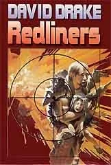 Vintage science fiction paperback cover for Redliners by David Drake, showing an armed futuristic soldier against a large orange planet, with bold white and red lettering.