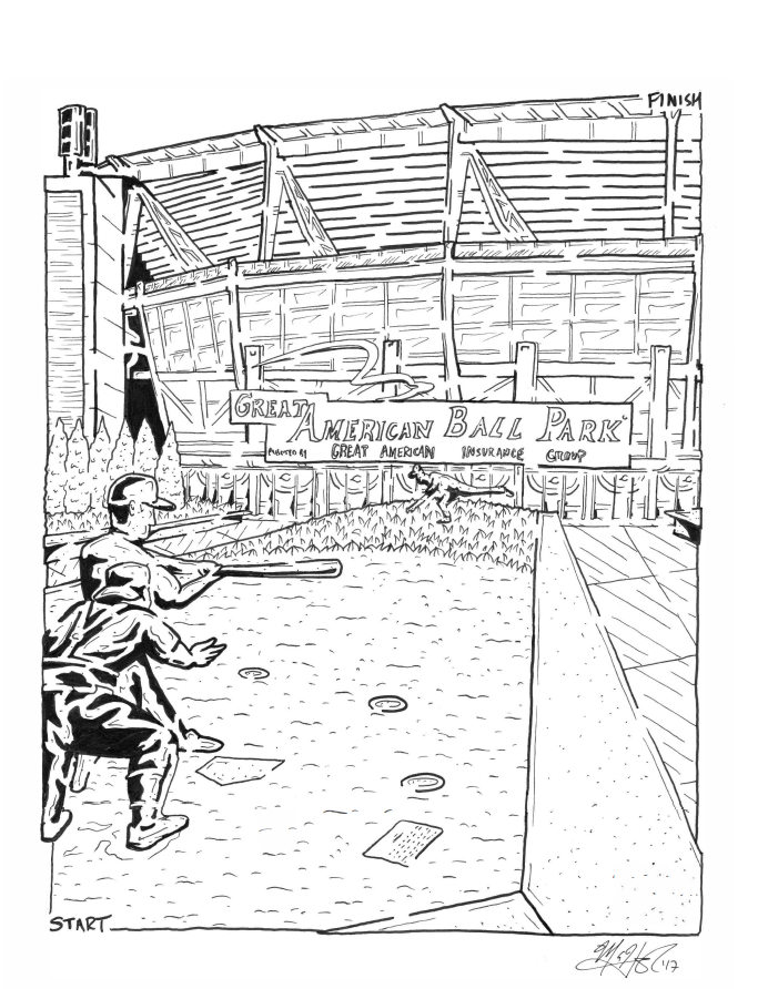 A solvable hand-drawn maze depicting the entrance to Great American Ballpark in Cincinnati, Ohio in 2017.&nbsp;