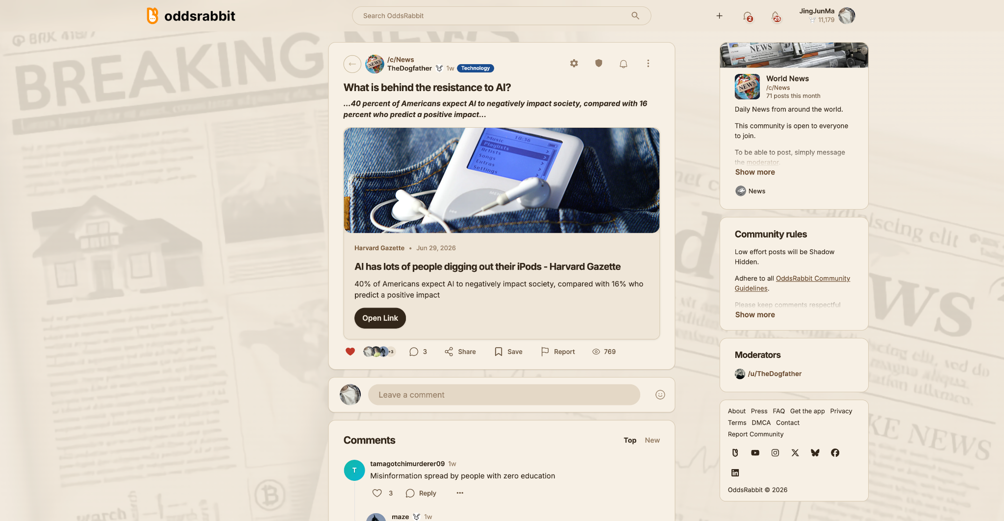 OddsRabbit news community theme