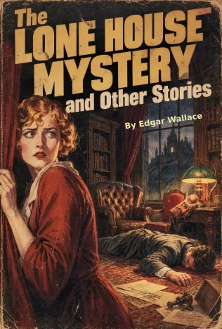 Book cover from 1920s of scared woman looking over her shoulder, showing man laying on floor. Mysterious mood.