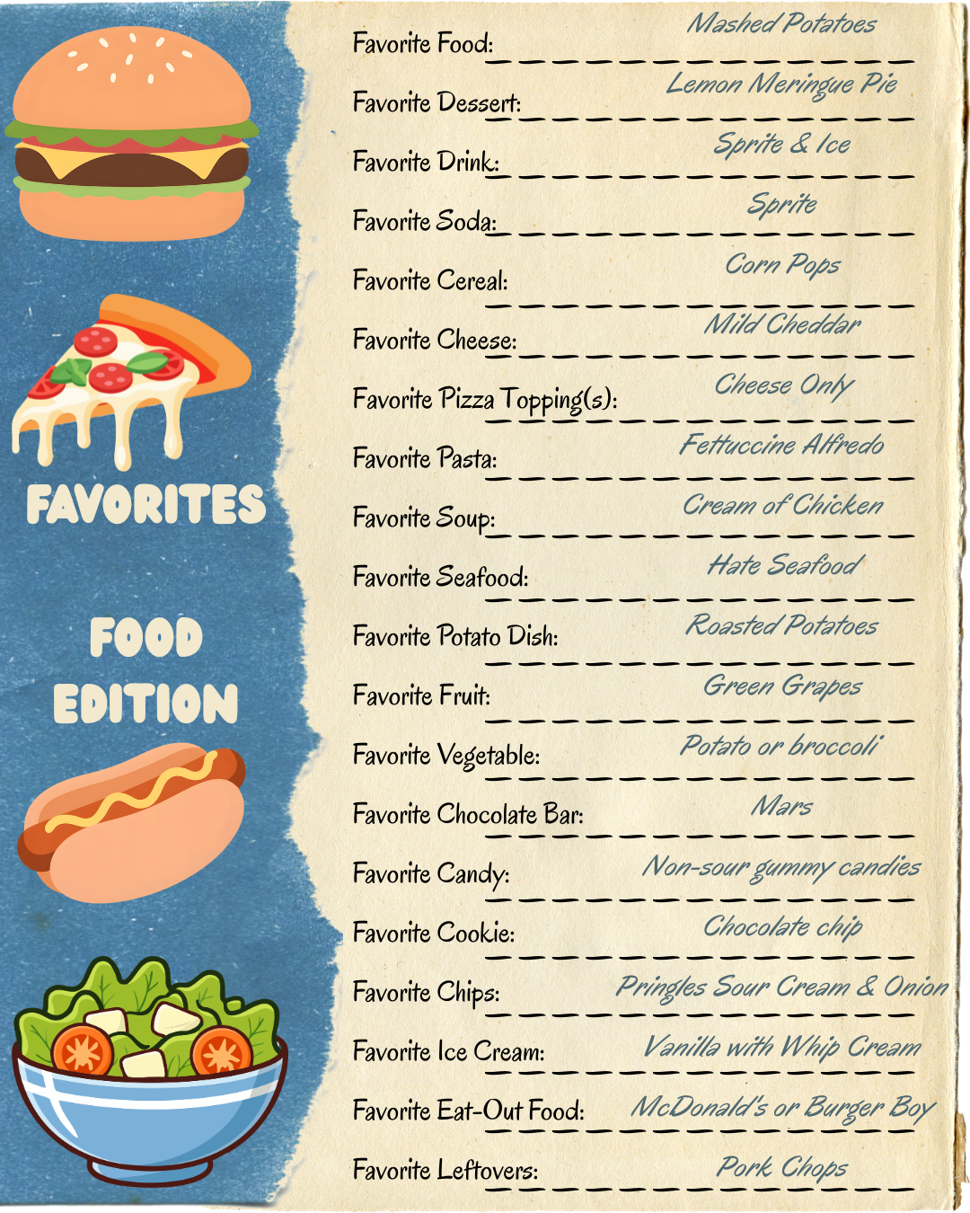Valerie Rayne's filled-out Favorites: Food Edition game card.