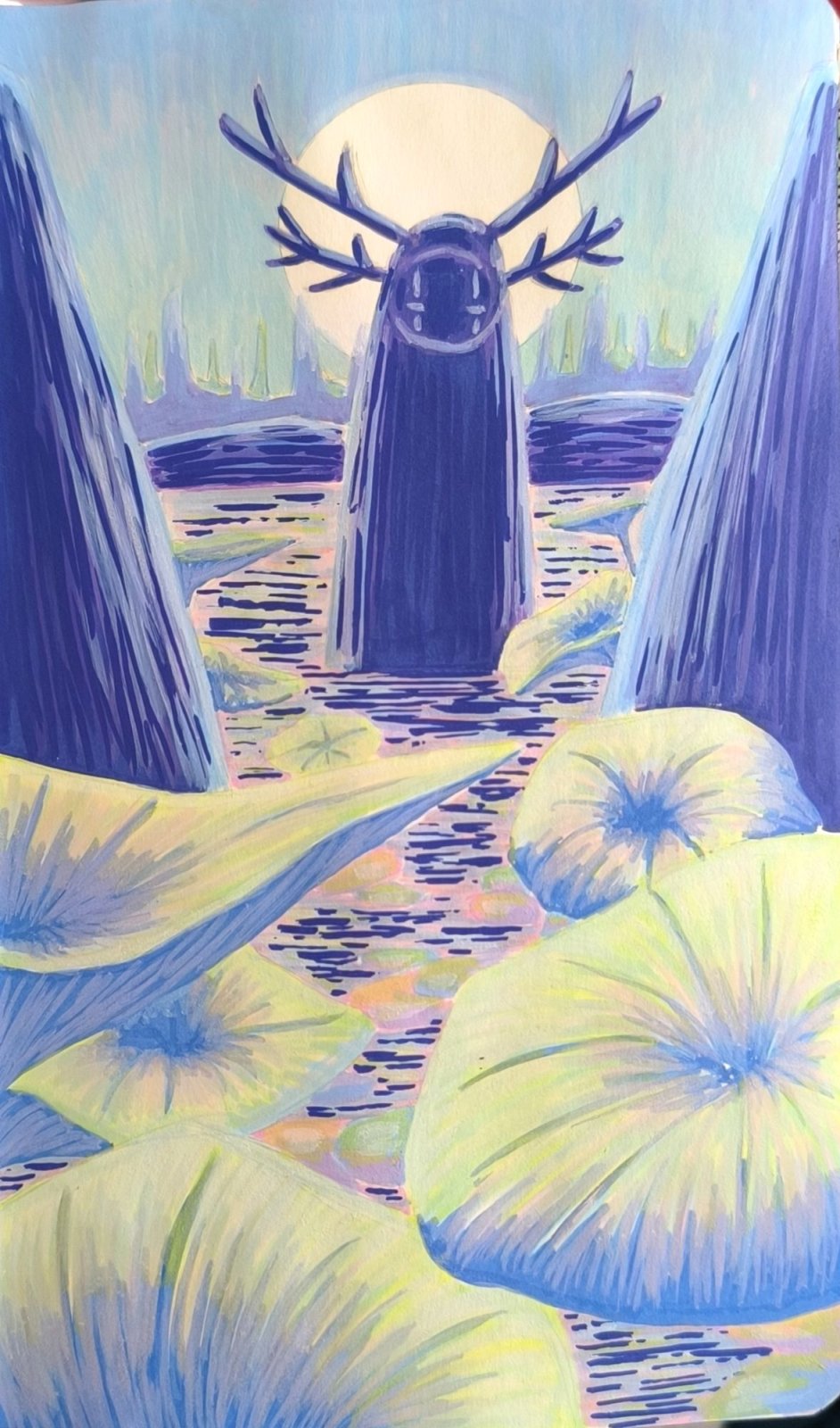 Sunset on an ancient statue in the middle of a waterlily lake.
