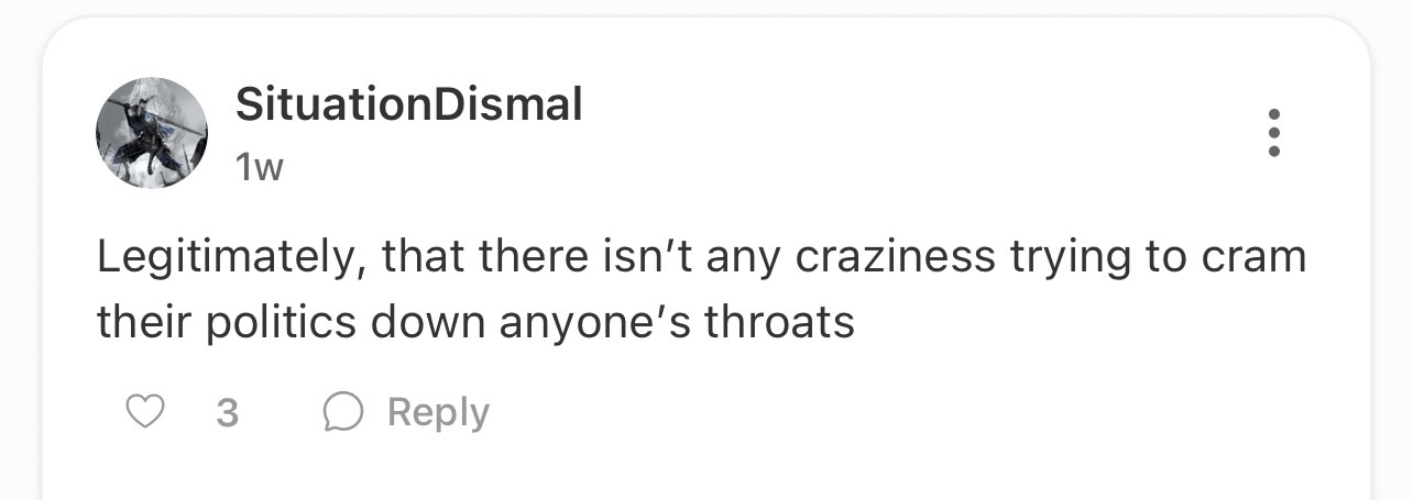 SituationDismal's comment on why he likes OddsRabbit being politics-free 