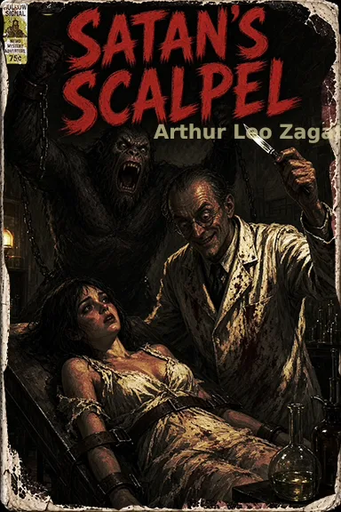 Book cover with angry ape standing over mad scientist who is leaning over a scared woman in a white dress, as she is strapped down to the operating table.