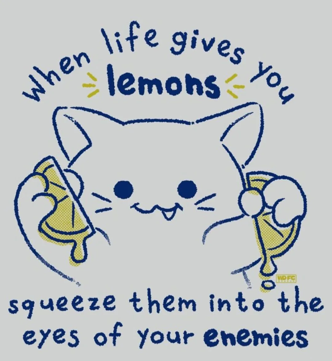 Evil cat meme squeezing lemon into my enemy's eyes