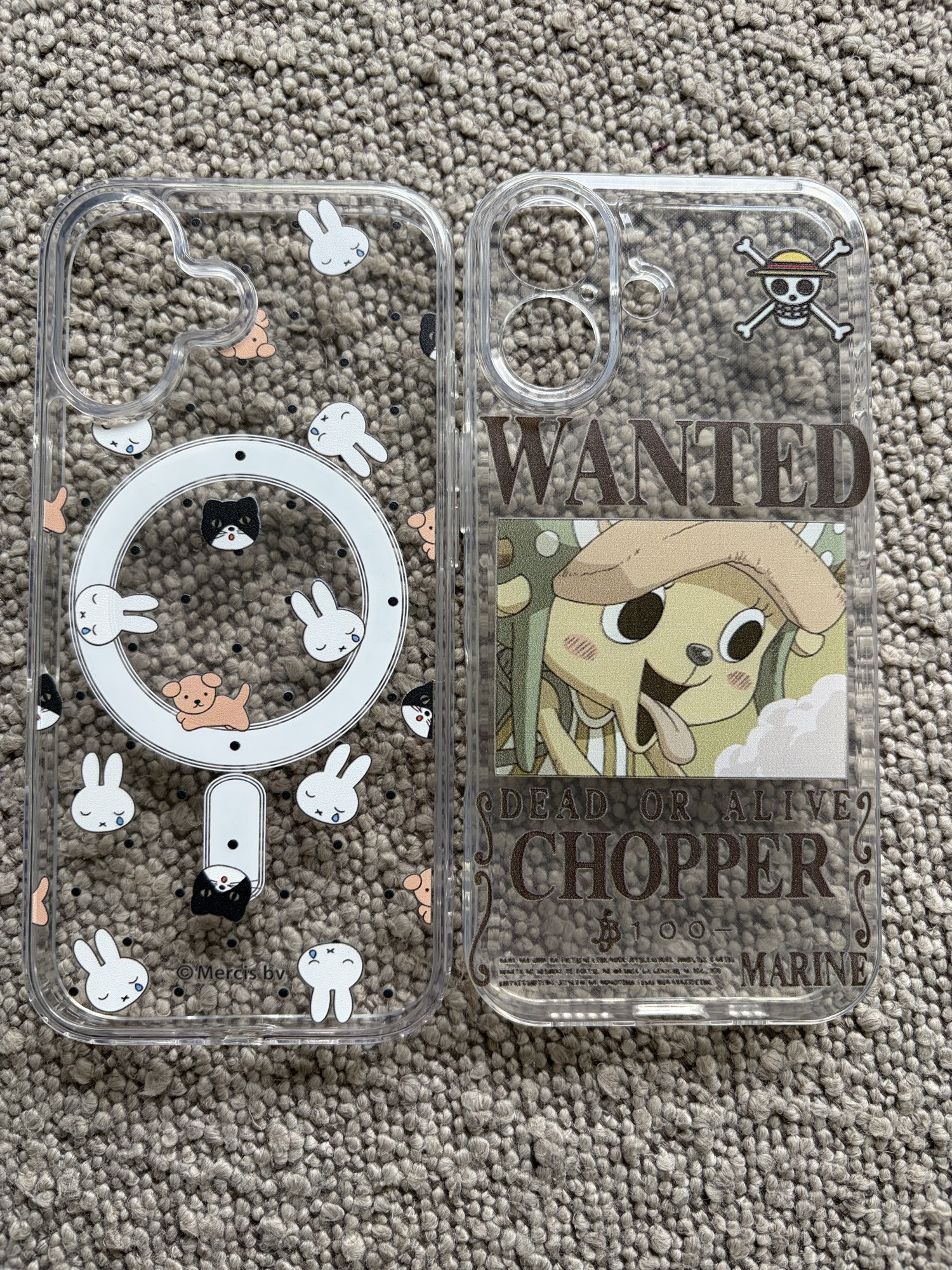 Two clear iPhone covers, one with Miffy characters and the other with a Tony chopper wanted sign from One Piece&nbsp;