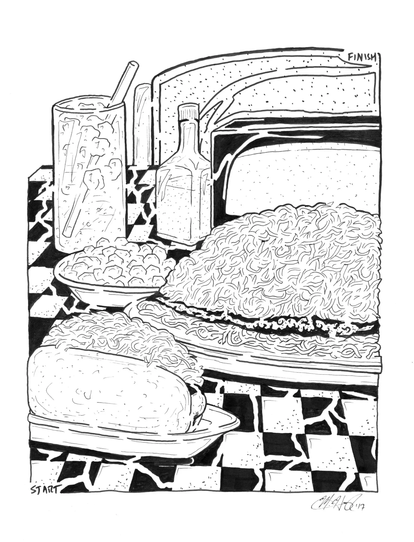 A solvable hand-drawn maze depicting Cincinnati-style chili based dishes and oyster crackers.