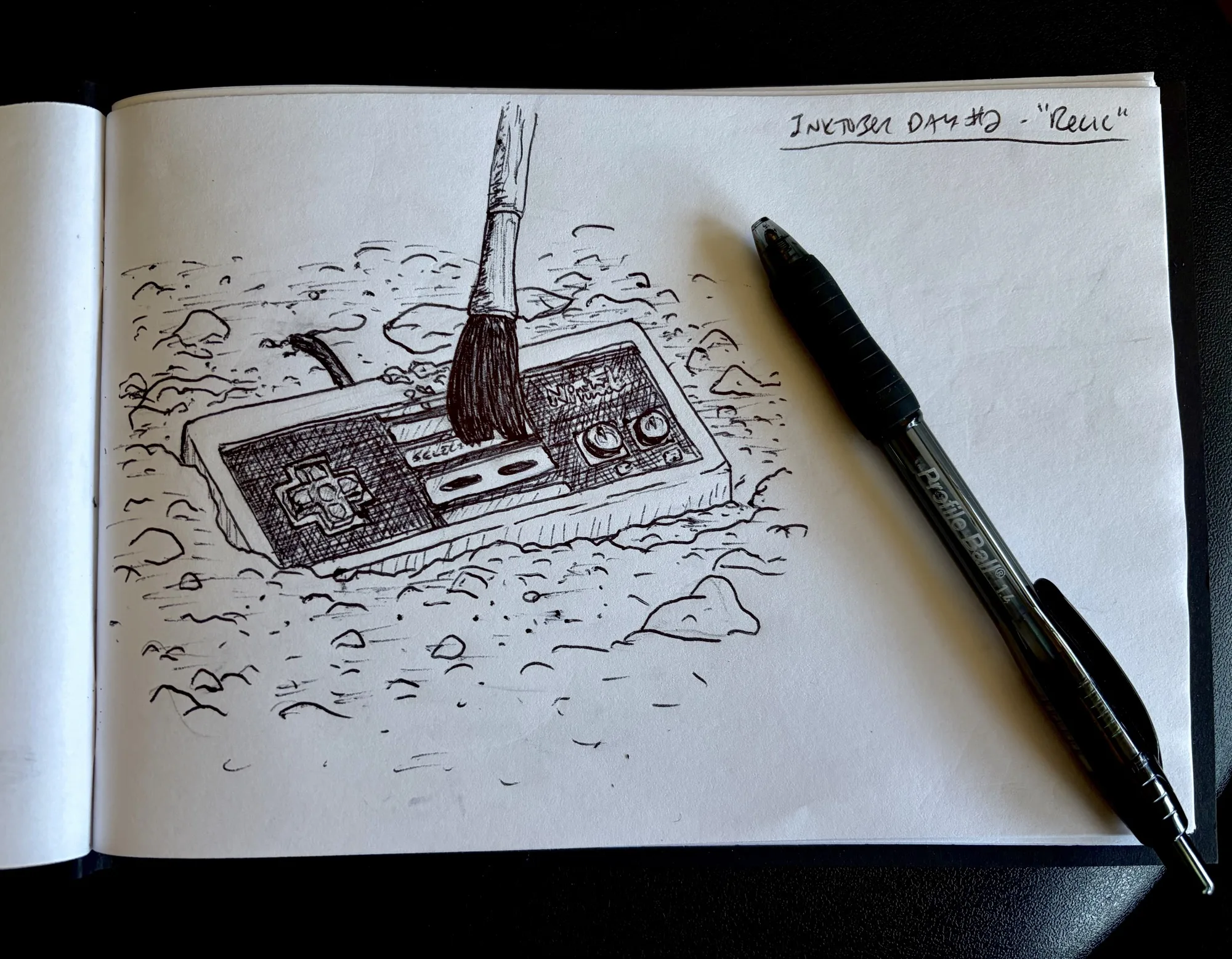 An ink drawing of an NES controller in an archeological dig.