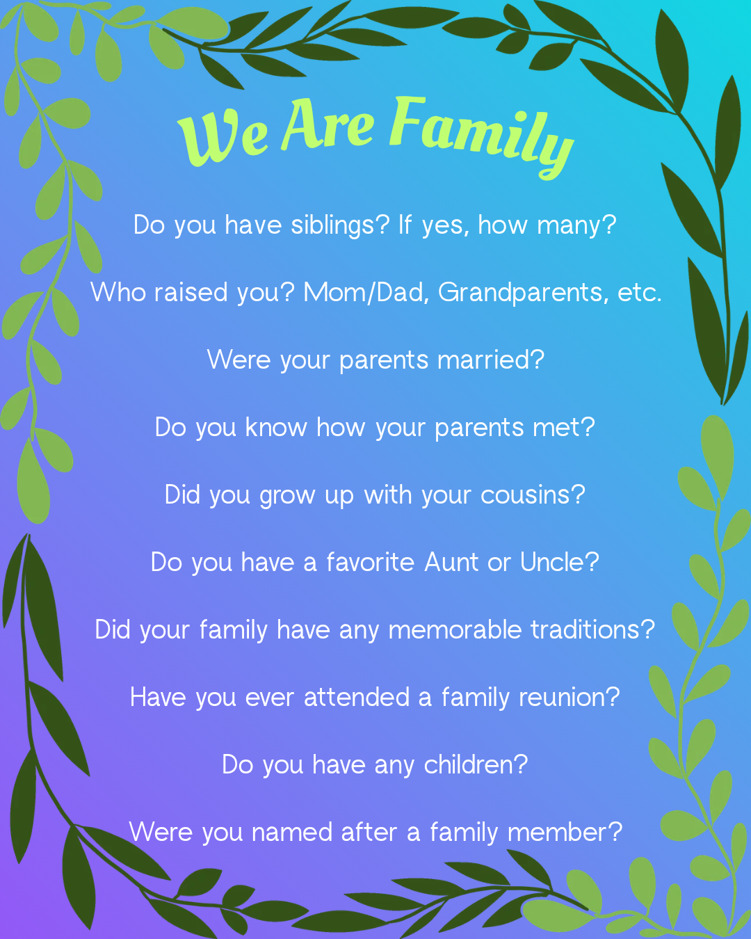 A graphic with a series of family-related questions.