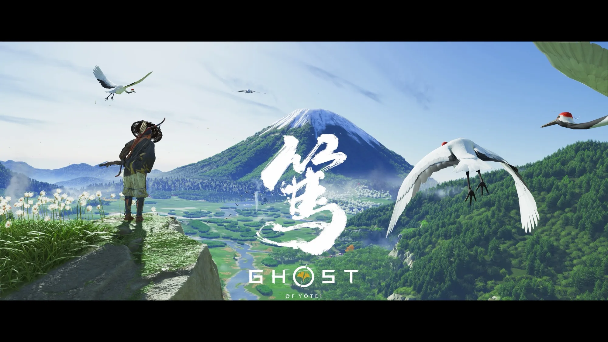 An endgame screen grab of Atsu, bowing to the mountain with cranes flying around her. A logo for Ghost of Yōtei has been super-imposed over the image.